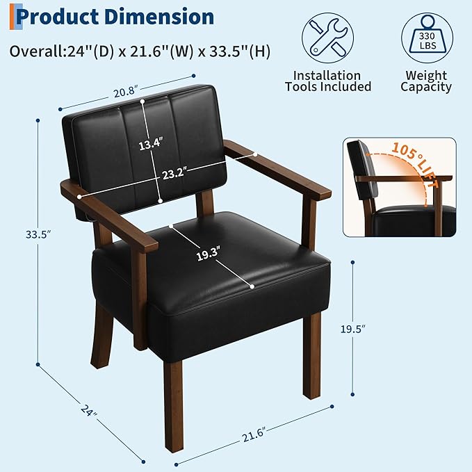 Garvee Mid-Century Accent Chair Set of 2 with Wood Frame PU Leather Upholstered Lounge Arm Chair with Classic Vertical Stripe Reading Leisure Chair for Living Room Bedroom Balcony Black