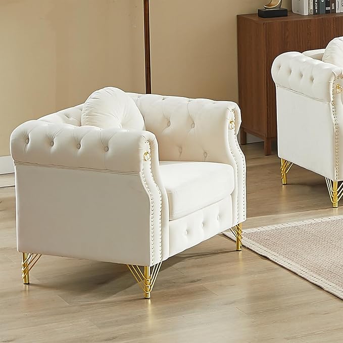 Chesterfield Velvet Button Tufted Sofa 37 inch Modern Deep Seater Couch Retro Style Upholstered Comfy Single Chair for Living Room Bedroom Apartment Office Beige