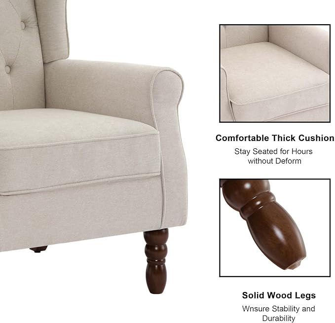 Accent Chair Upholstered Armchair with Button Tufted High Back &amp Solid Wood Legs Comfy Wingback Reading Single Sofa Chair for Small Spaces Living Room Bedroom (Beige Set of 2)