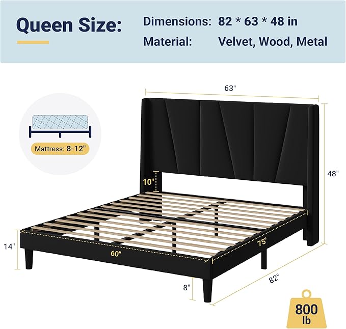 Allewie Queen Size Platform Velvet Bed Frame with Geometric Wingback Headboard Boho Upholstered Bed with Wooden Slats Support No Box Spring Needed Easy Assembly Black
