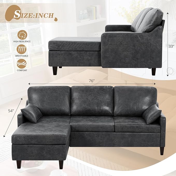 76 Sectional Sofa Couch with Reversible Chaise Suede Leather L Shaped Sofa w/USB Charger Ports &amp Storage Bag Convertible Modern Couch w/Storage Space for Living Room Small Space Grey