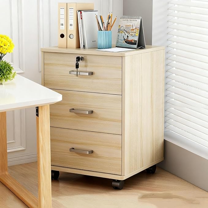 File Cabinet 3 Drawers on Wheels 23.2 H Lockable Wood Filing Cabinet for Office and Home Files Storage Under Office Desk Wooden File Cabinets Farmhouse Easy Assembly(Light Wood)