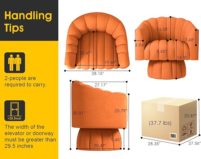 Accent Chair Mid Century 360 Degree Swivel ChairModern Lounge Sofa Round Barrel Chair with Wide UpholsteredFluffy Velvet Fabric Chairs for Home Sofa Living Room/Bedroom/Waiting Room (Orange)