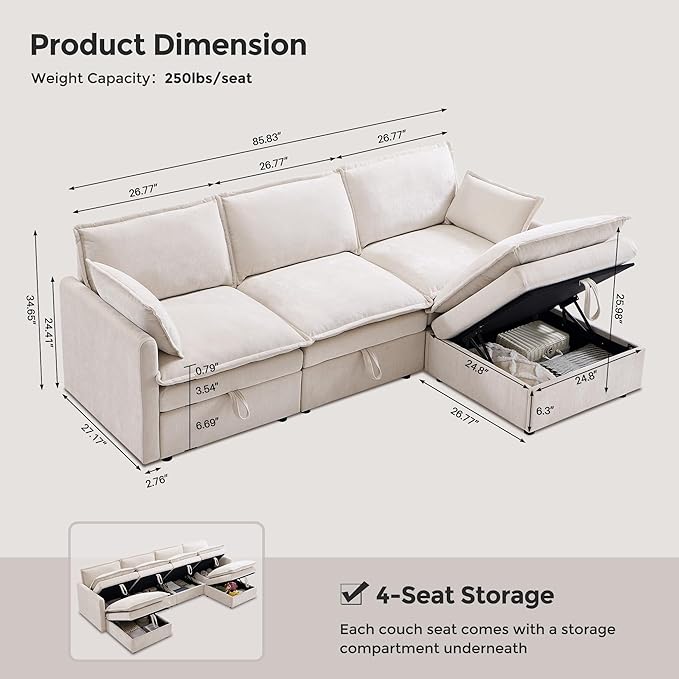 85.83 Sectional Couches for Living Room Cloud Couch Sectional with Large Storage Ottoman L-Shape Modular Sectional Sofa with 5 Seater Chenille Sofa and Pillow for Apartment Bedroom Beige