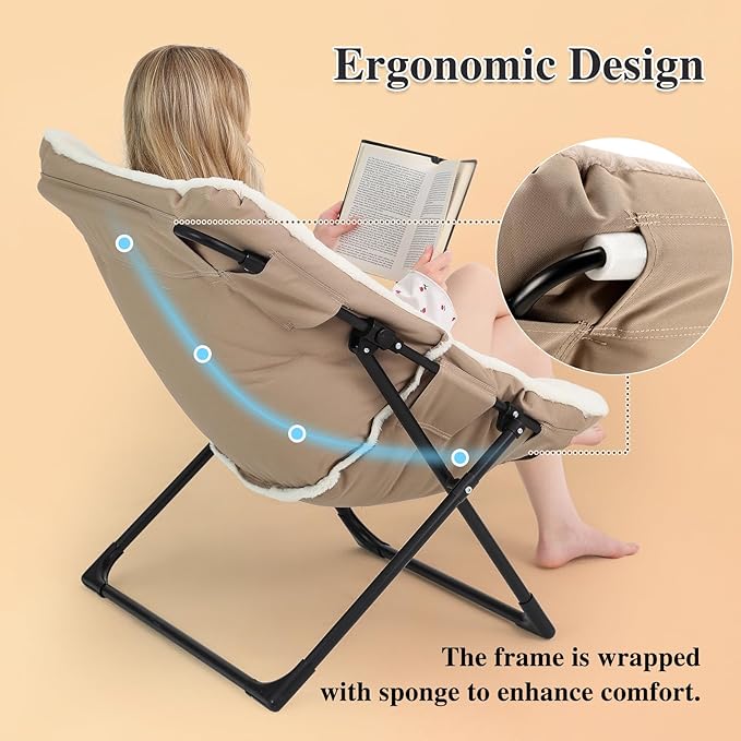 Comfy Saucer Chair for Adults Soft Faux Fur Bedroom Chair with Ottoman Accent Dorm Chairs Living Room Reading Chairs and Footstool Folding Seat for Teens X-Large Beige