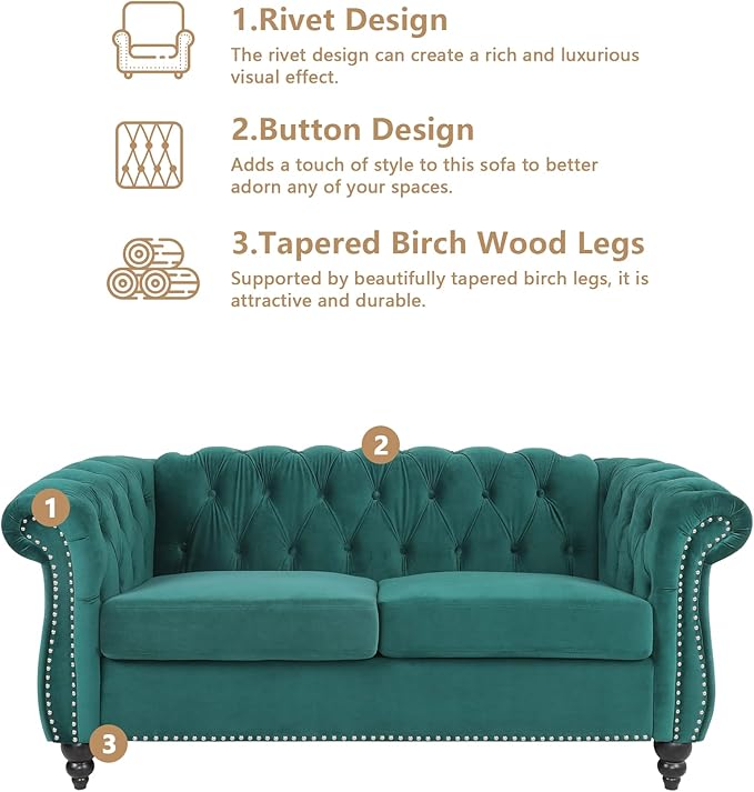 Chesterfield Loveseat Sofa Modern Velvet Small Sofa Couch 2 Seater with Rolled Arms and Nailhead Mid Century Modern Loveseat Couch for Small Spaces Living Room Bedroom Apartment Green
