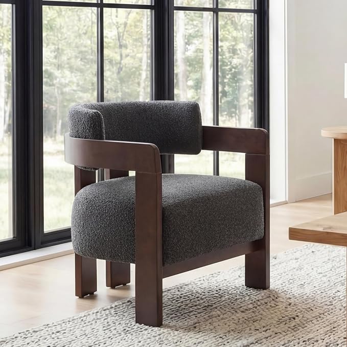 Barrel Accent Chairs Set of 2 Cozy Upholstered Living Room Chair for Bedroom Walnut Wood Frame Vintage Modern Lounge Reading Chairs for Apartment Waiting Room Office Charcoal