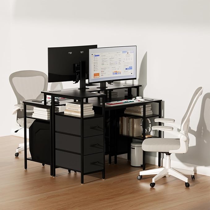 VINGLI 47 Inch L-Shaped Computer Desk Small Computer Gaming Desk with Fabric Drawers &amp Storage Shelves Charging Station Monitor Stand for Home Office Black