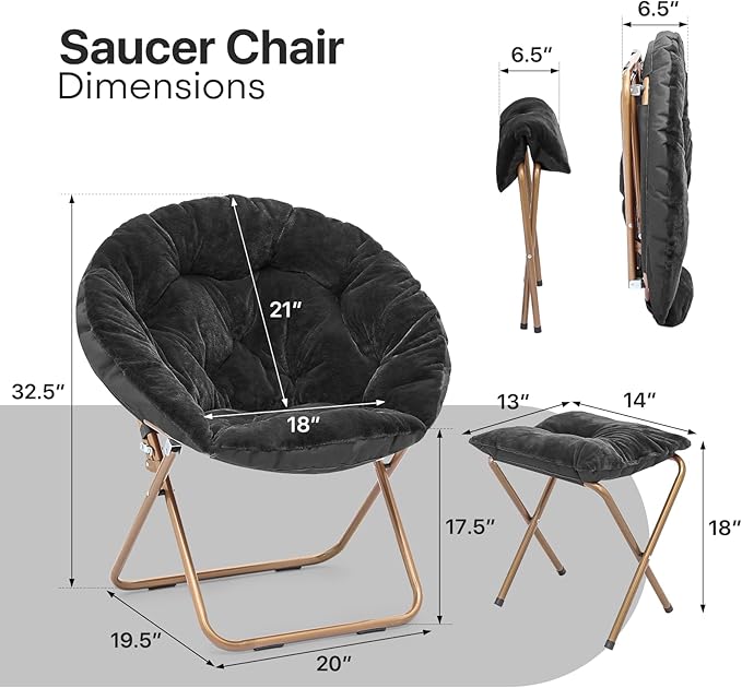 Foldable Oversized Moon Chair with Footrest Large Faux Fur Round Saucer Moon Chair with Folding Footrest Stool for Teens and Adults