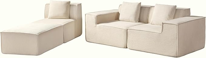 Rowan Convertible Corduroy Sectional Couch with Ottoman &amp Pillows Modular L Shaped Sleeper Sofa Boneless Cloud Couch for Living Room Furniture Beige