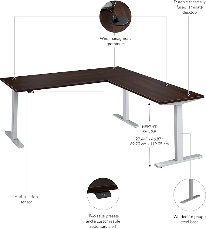 Bush Business Furniture 72-inch Height Adjustable L Shaped Standing Desk Electric Sit-Stand Corner Computer Table Ergonomic Office Move 60 Series Black Walnut with Metallic Gray Base