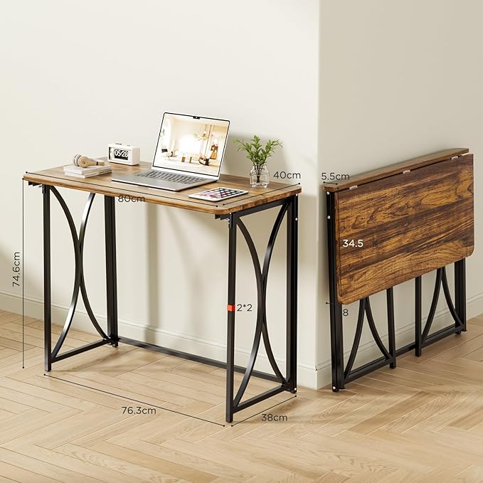 Folding Table 31.5 Small Desk for Bedroom Space Saving Foldable Computer Desk for Home Office Easy Assembly Brown Kaka