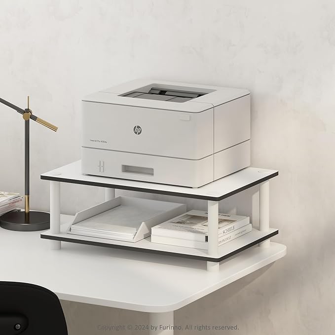 Furinno JUST Printer Stand with Storage 2-Tier Under Desk Printer Stand Printer Table for CPU Office Supplies Home Office White