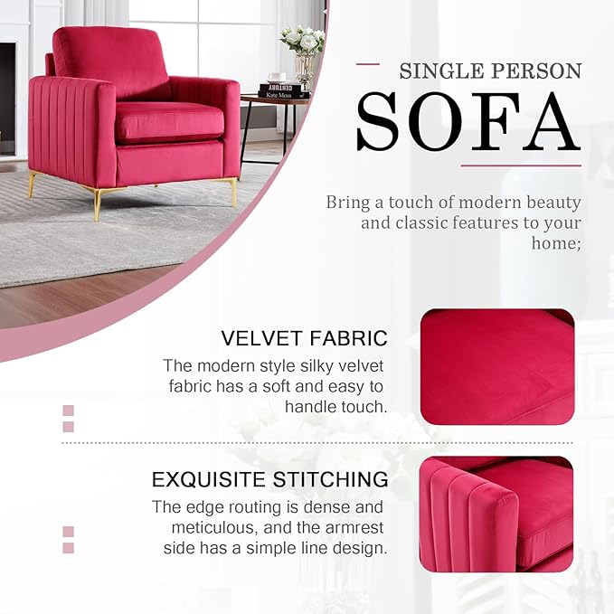 Rose Red Accent Chair Small for Bedroom Living Room Comfy Accent Chair Amchair Modern Single VelvetSofa Chair with Metal Legs