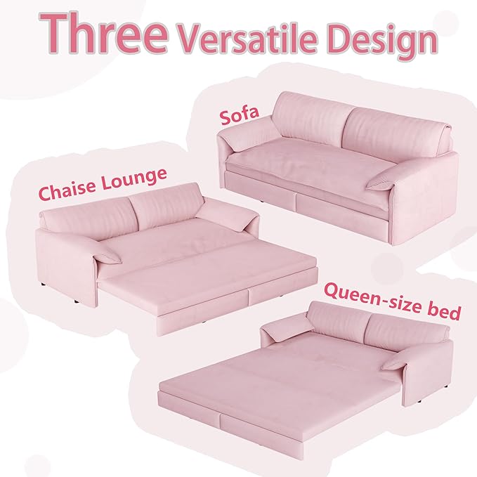 66 Queen Size Pull Out Sofa Bed 3-in-1 Convertible Sleeper with Side Storage and Wheels Velvet Loveseat for Living Room Apartment Bedroom Pink (Mattress &amp Bedding Not Included)