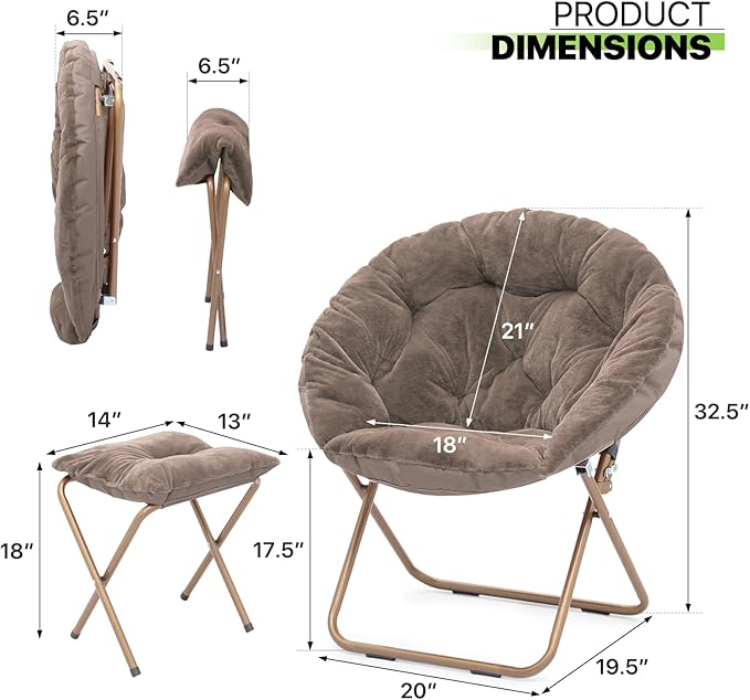 Magshion Folding Saucer Chair for Adults with Ottoman Circle Reading Chair for Bedroom Living Room &amp Dorm Furry Comfy Accent Seat with Metal Leg &amp Thick Padded for Small Spaces (Beige 1 Pa