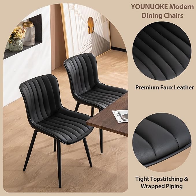 YOUNUOKE Black Dining Chairs Set of 2 Faux Leather Upholstered Kitchen &amp Dining Room Chairs with Back Mid Century Modern Minimalist Accent Chair Armless for Guest Reception Waiting Living Room