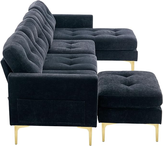 Merax Velvet L-Shape Sofa 4 Seat with Chaise and Movable Ottoman 110.6 Sofa Couch for Living Room Apartment Office (Black)