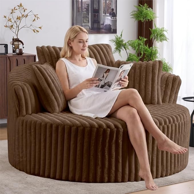 Oversized Upholstered Chaise Lounge Chair Indoor Corduroy Deep Seat Accent Chair Plush Boneless Barrel Sofa Chair for Living Room Bedroom Apartment (Brown 57 Inch)