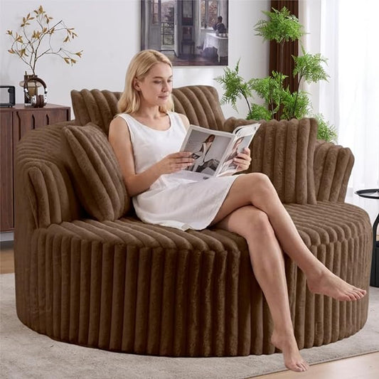 Oversized Upholstered Chaise Lounge Chair Indoor Corduroy Deep Seat Accent Chair Plush Boneless Barrel Sofa Chair for Living Room Bedroom Apartment (Brown 57 Inch)