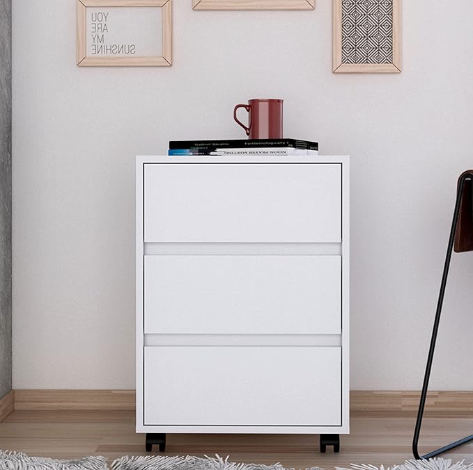 25.9 H White Mobile Filing Cabinet with 3 Drawers 4 Wheels Rectangular Portable Filing Cabinet Modern for Office Study Room