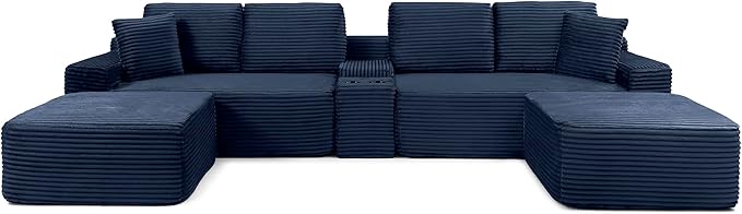 U-Shaped Cloud Sectional Couch Symmetrical Modular Compressed Boneless Sectional Sofa with Chaise Lounges and Console Plush Corduroy Boneless Corner Sofa for Living Room