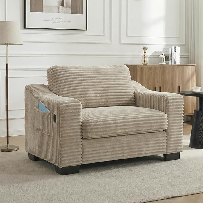 46.1''W Oversized Accent Chair Modern Single Armchair with USB Charger &amp Storage Pocket Comfy Reading Chair Tufted Corduroy Fabric for Living Room Bedroom Apartment Office (Camel)