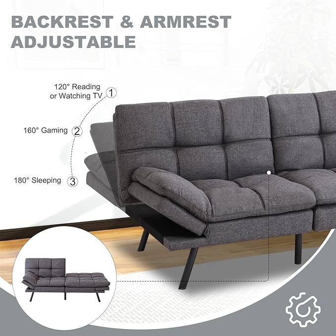 Futon Sofa Bed Convertible CouchMemory Foam Futon Sofa CouchSleeper Futons Sofa CouchesSmall Splitback Modern Loveseat Sofa Bed for Living RoomOfficeApartmentLinen FabricDark Gray.