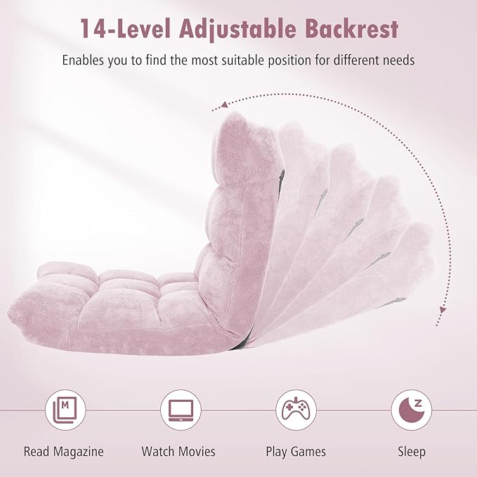 Moccha 14-Position Floor Sofa Folding Sofa Chair with Back Support Memory Foam Floor Gaming Chairs for Adults Adjustable Padded Couch Recliner Chaise Lounge for Reading Meditating (Light Pink)