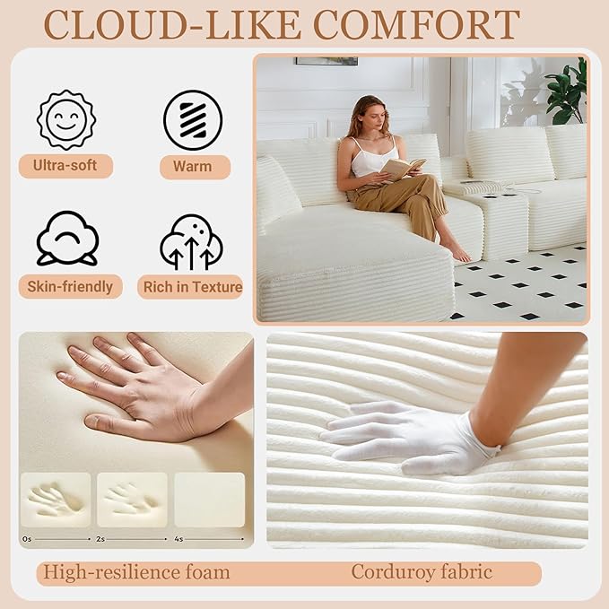 125 Oversized U-Shaped Cloud Sectional Couch 6-Seater Modular Sectional Sofa with USB Ports/Storge Console/Cup Holder Modern Deep Seat Corduroy Boneless Couch for Living Room No Assembly Beige