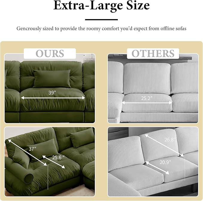 166 Oversized Couch 4 Seater Modular Sectional Sofa Olive Green Large L Shaped Sectional Couches for Living Room Fluffy Couch Set 4 Seater Velvet Cloud with Ottoman Sofas for Living Room