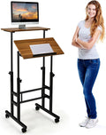 COSTWAY Mobile Standing Desk Height Adjustable Rolling Laptop Cart w/Tilting Desktop for Standing or Sitting Lockable Casters Home Office Computer Workstation for Small Spaces (Brown)