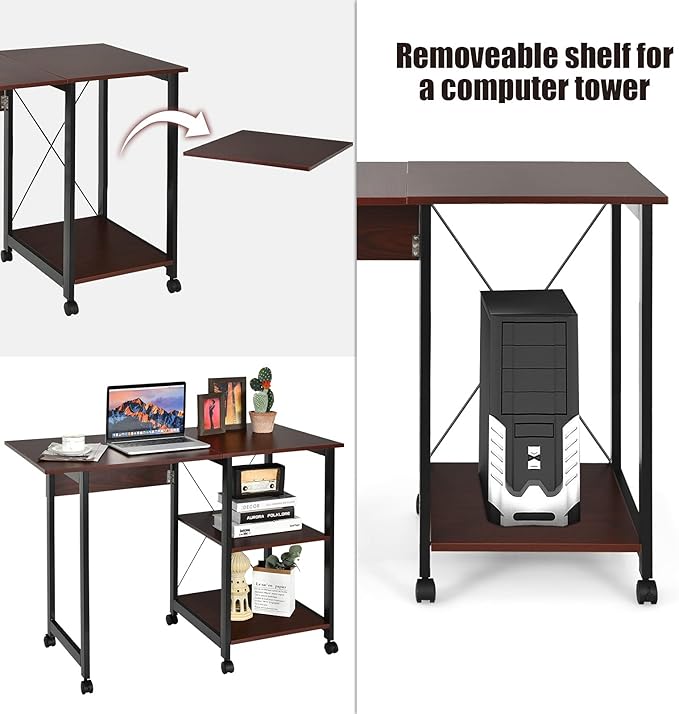 DORTALA Folding Computer Desk Modern Writing Table w/ 2-Tier Storage Shelves PC Laptop Study Table Workstation w/ 6 Wheels Space Saving Compact Desk Side Table for Home Office Apartment Brown