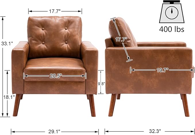 VESCASA Tufted Accent Arm Chair with Wood Legs PU Faux Leather Comfy Upholstered Single Sofa Mid Century Modern Side Club Leisure Chair for Reading/Living Room/Bedroom Caramel