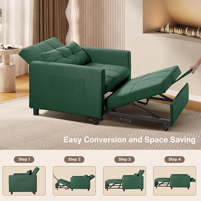 Aiho Convertible Sleeper Chair with Pillow &amp Pocket 3-in-1 Sofa Bed in Modern Linen Fabric for Apartment Green