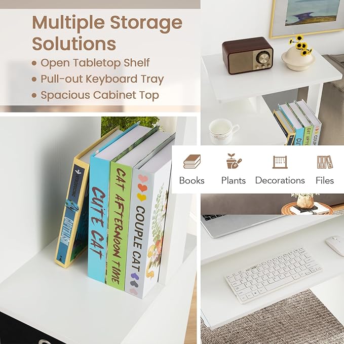 Giantex White Computer Desk with Drawers &amp Keyboard Tray Modern Home Office Desk with Storage Shelves &amp Printer Stand Laptop PC Table for Workstation Study Writing Desk for Small Spaces Be
