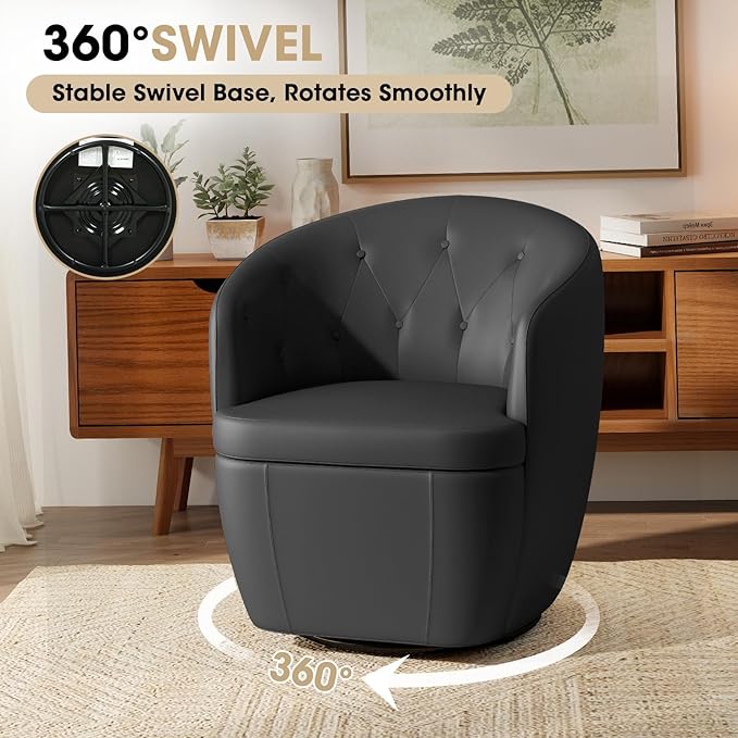 360° Swivel Leather Accent Chair Modern Barrel Club Chair with Leather Upholstery and Sturdy Base Comfortable Armchair for Living Room Bedroom Reading Nook Brown