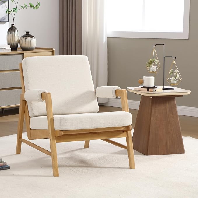 CIMOTA Mid Century Modern Accent Chair Set of 2 Linen Upholstered Living Room Chairs with Arms Comfy Reading Chair with Solid Wood Frame High Back for Bedroom Waiting Room Office Beige