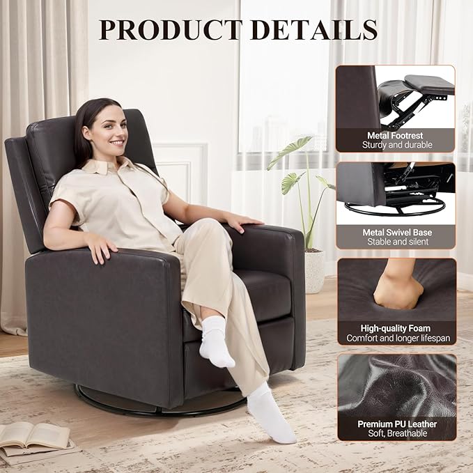 Leather Recliner Chair for Adults Swivel Rocker Recliner for Small Spaces Wide Glider Rocking Nursery Chair with Ergonomic High Backrest for Home Living Room Office Bedroom（Chocolate Brown）