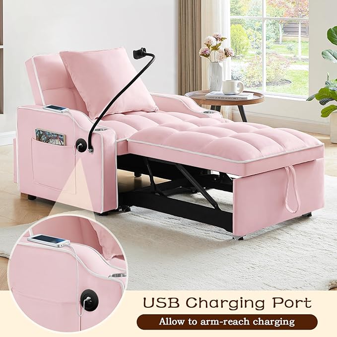 KINFFICT Sleeper Sofa Chair Bed Convertible 3-in-1 Sofa Armchair Adjustable Sleeper with Pullout Bed Single Lounger Futon with Side Pockets for Living Room (Pink)