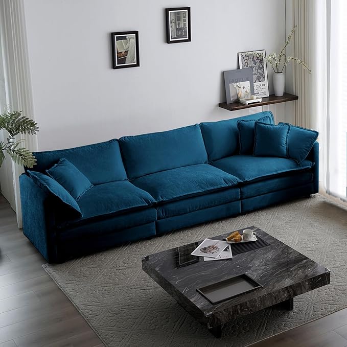 KIVENJAJA Chenille Modular Sectional Couch Modern 3 Seater Comfy Deep Seat Cloud Sofa with 5 Pillows for Living Room Bedroom Office Apartment 111.5”W Blue