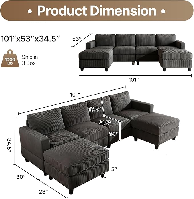 101 Inch Oversized Corduroy Sectional Sofa U Shaped Sectional Sofa with 2Ottomans 6 Seater Convertible Corduroy Sofa Comfortable Living Room Couch (Dark Gray 4 Seat with 2 Ottoman)