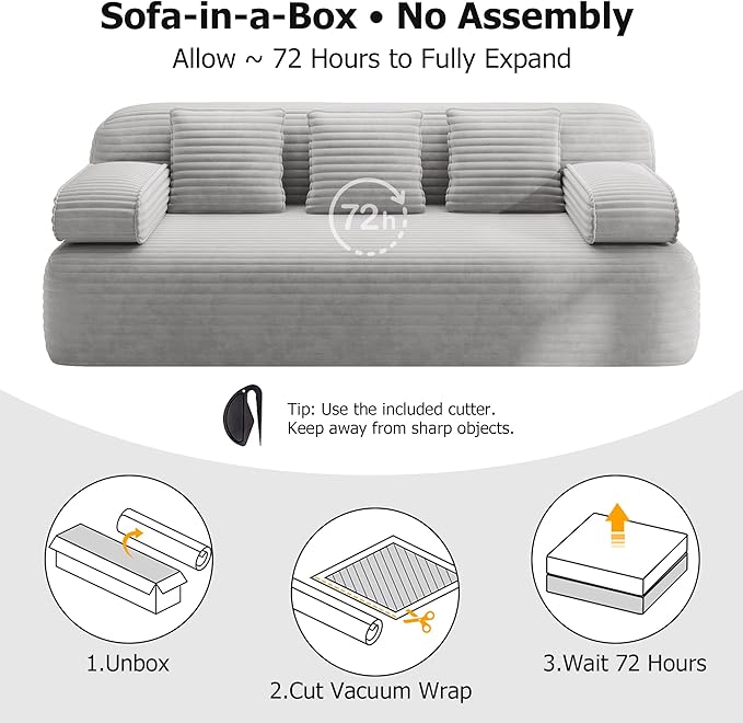Convertible Sofa Bed 78.7 Frameless Floor Sofa-in-a-Box Corduroy Boneless Couch for Small Space Apartments Queen Sleeper Sofa for Everyday Use 3 Pillows Included No Assembly (Light Grey)