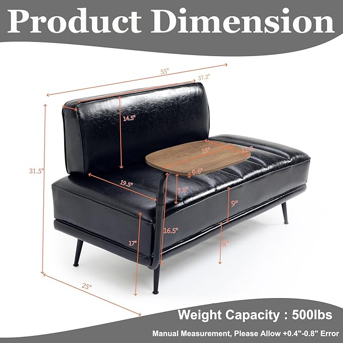 Anwick 55 PU Leather Small Sofa Loveseat Couch with Side Table Modern Upholstered Bed End Bench with Back for Bedroom Living Room Office Entryway (Black)