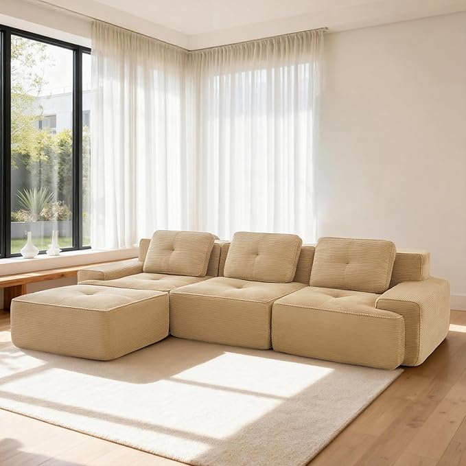 Casaphoria 115'' Boneless Sofa with Ottoman 3-Seater Modular Couch with 3 Pillows for Living Room L Shape Cloud Sectional Sofa No Assembly Camel