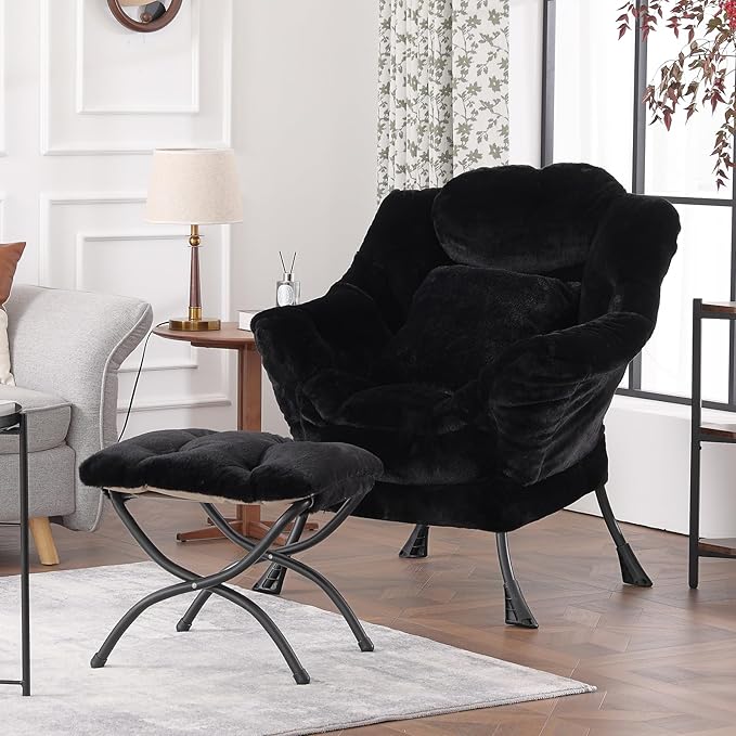Lazy Chair with Ottoman Large Black Accent Chair with Ottoman and FA Throw Pillow Comfy Plush Reading Chair for Living Room Bedroom Dorm Room Office Apartment Relaxing Use