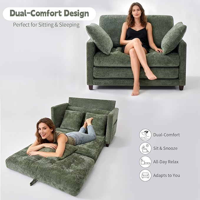 2-in-1 Convertible Loveseat Sofa Bed - Folding Pull-Out with Deep Seat 2 Pillows &amp Solid Steel Frame Loveseat Sleeper Sofa Bed for Small Spaces Apartment Living Room &amp Guest Room (Green Ch