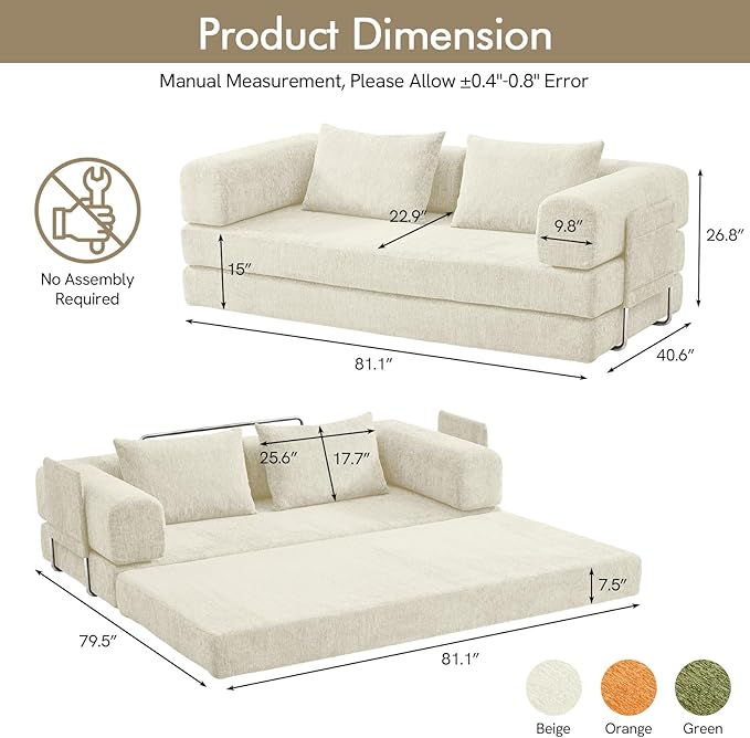 81 Convertible Sofa Bed with Storage Pockets 5-in-1 High Density Foam Boneless Couch Corduroy Folding Futon Sleeper Sofa for Living Room Bedroom Apartment No Assembly Required Beige