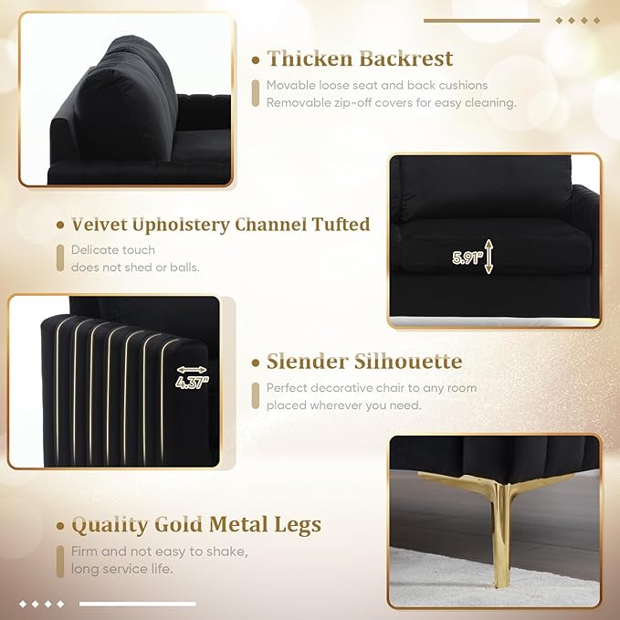 2 Piece Sofa and Loveseat Set Comfy Tufted Velvet Couch and Loveseat Sets Furniture with Gold Leg Mid Century Modern Couch Soft Upholstered Sofa Set of 2 for Living Room Bedroom Office (Black)