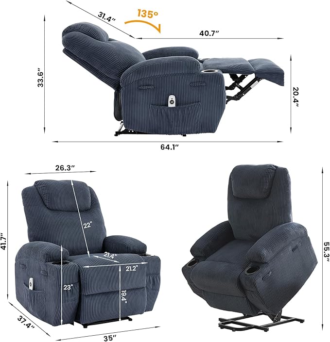 Power Lift Recliner Chair with Massage and Heat for ElderlyLift Chair Living Room Single Sofa Side Pockets and 2 Cup HoldersBlue